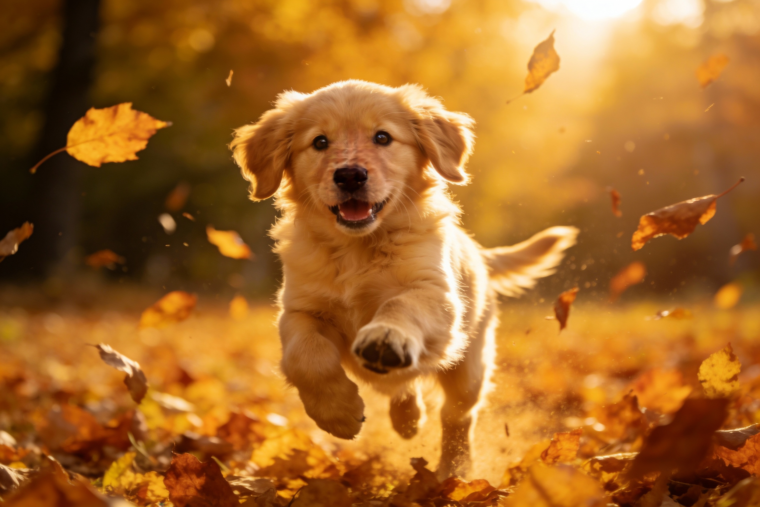 AI Prompt for Golden Backlit Autumn Scene with Happy Golden Retriever Puppy