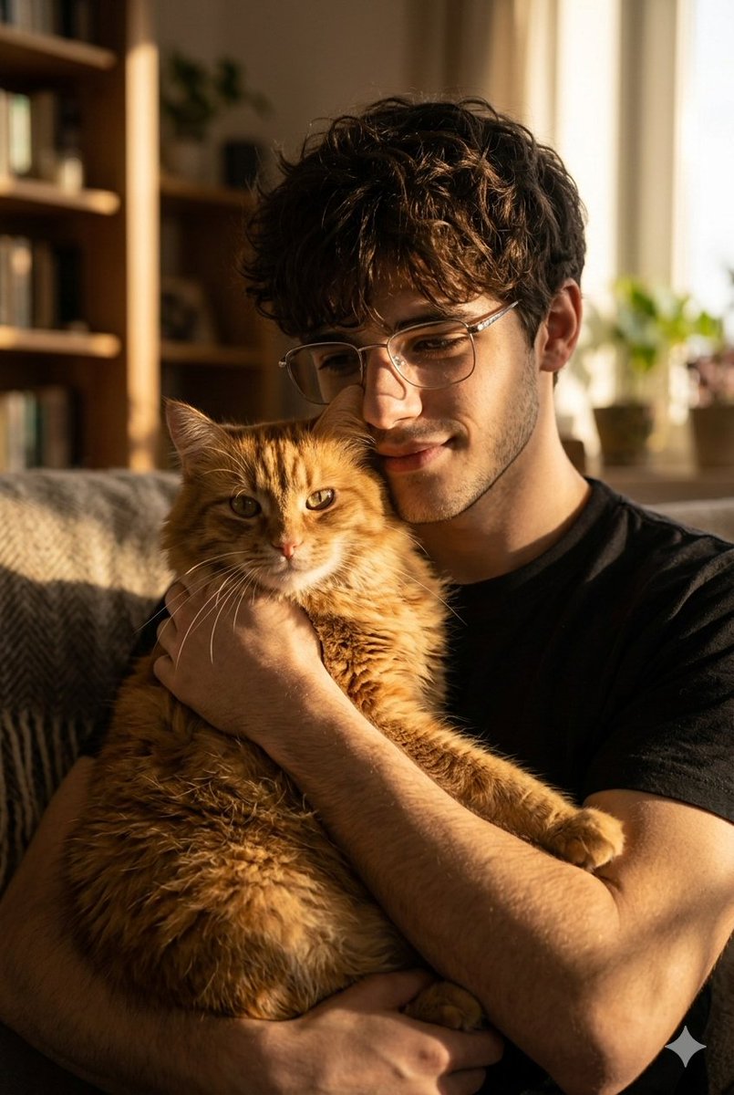 AI Prompt for Golden Hour Portrait of Man and Cat - High-Res Image Generation