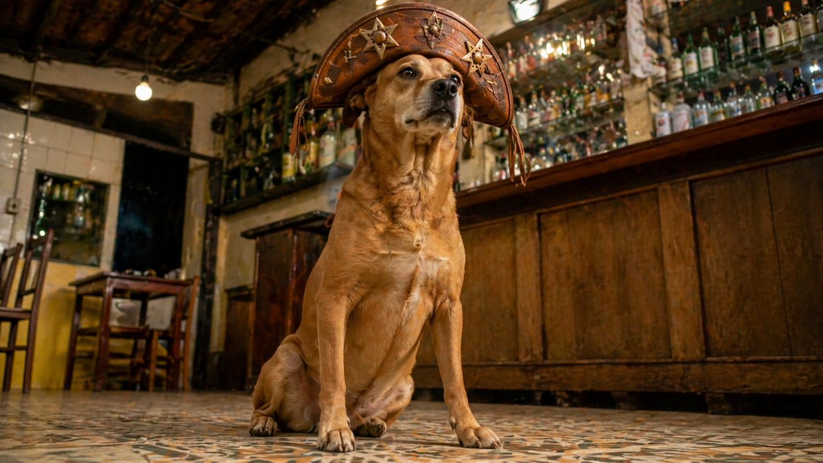 AI Prompt for Photorealistic Dignified Dog in Rustic Bar with Leather Hat