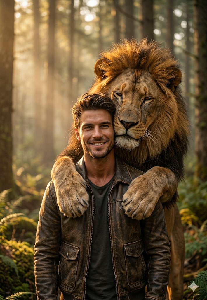 AI Prompt for Realistic Portrait of Man with Lion in Forest