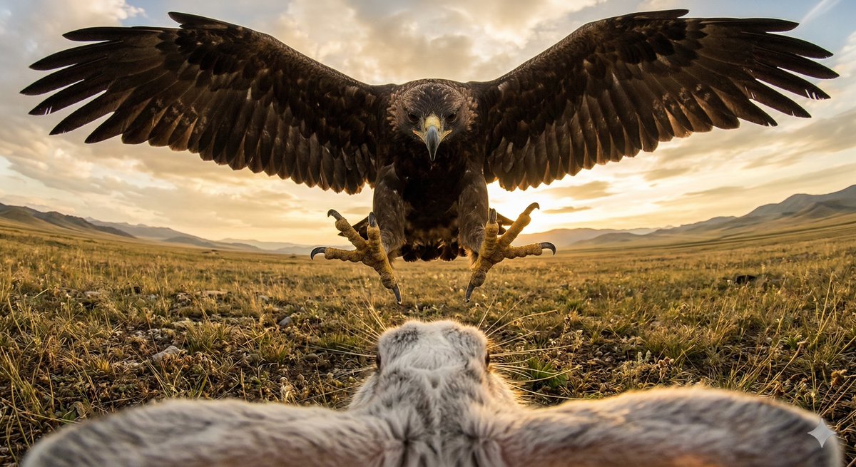 AI Prompt for Ultra Wide-Angle Cinematic Photo with a Golden Eagle and Rabbit