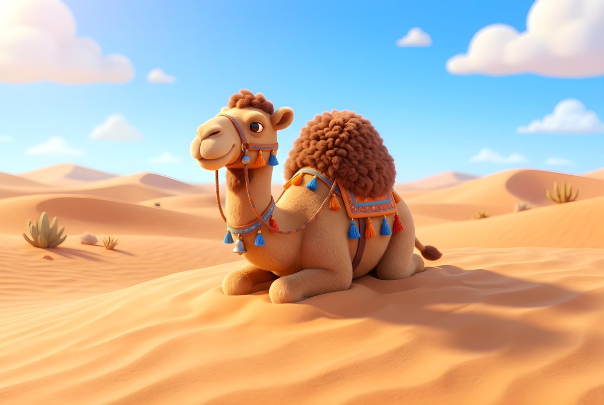 AI Prompt: Realistic Desert Scene with Resting Dromedary Camel for Generative Art and Virtual Photography