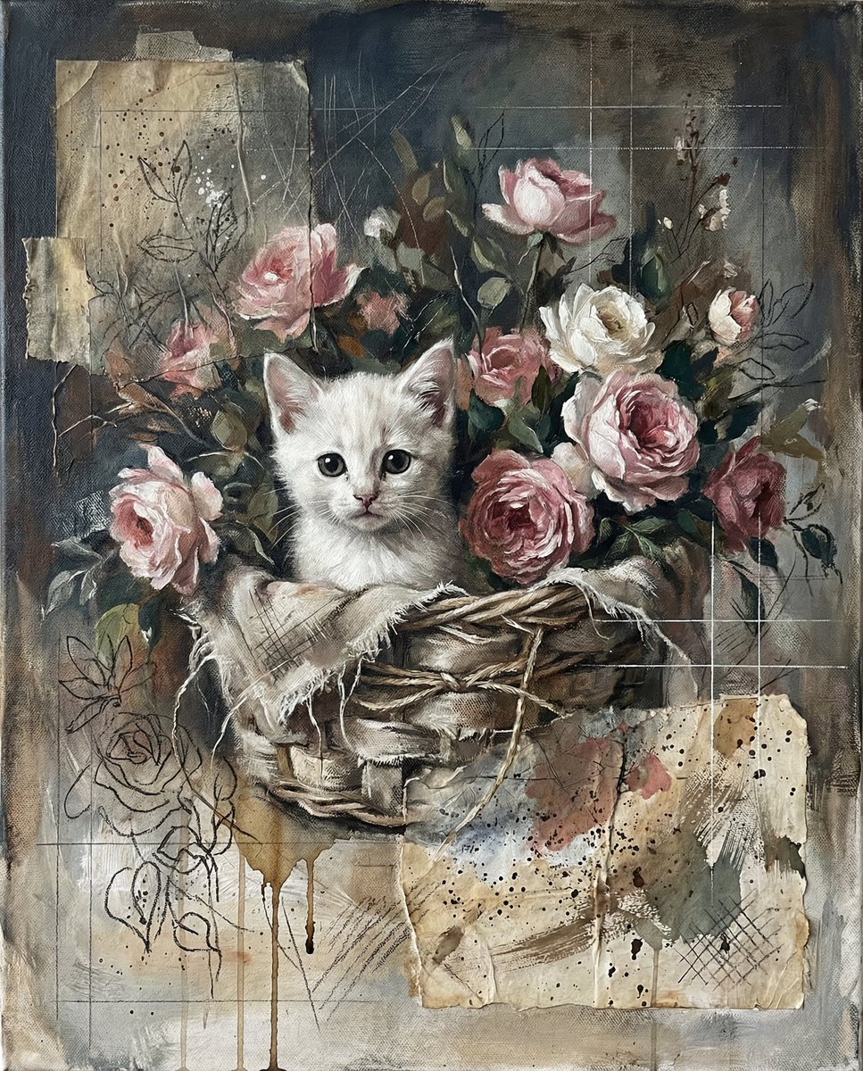 White Kitten in Basket with Roses
