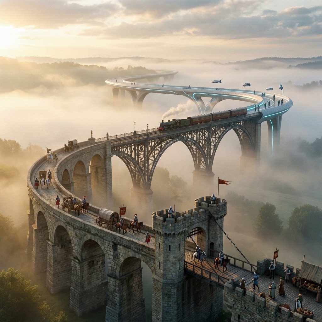 AI Prompt: Architectural Cinematic Bridge Scene with Era-Transitioning Details