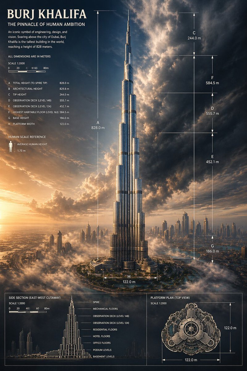 AI Prompt for Architectural Infographic Posters: Burj Khalifa 3D Render Design