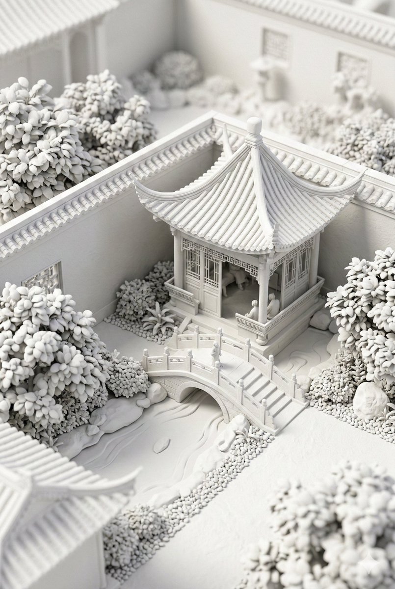 AI Prompt for Chinese Garden Scene in Minimalist White Clay Style