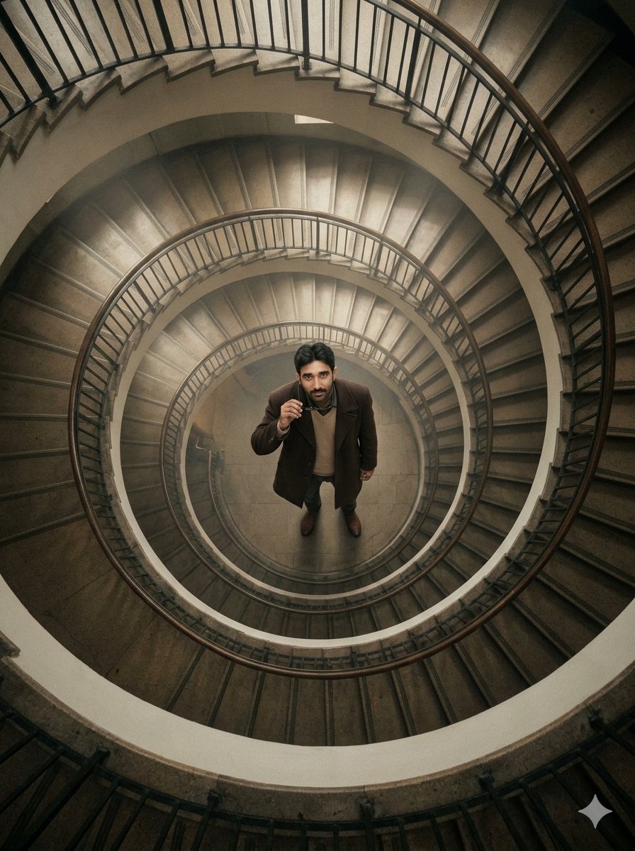 AI Prompt for Cinematic Architecture Portrait with Overhead Spiral Staircase