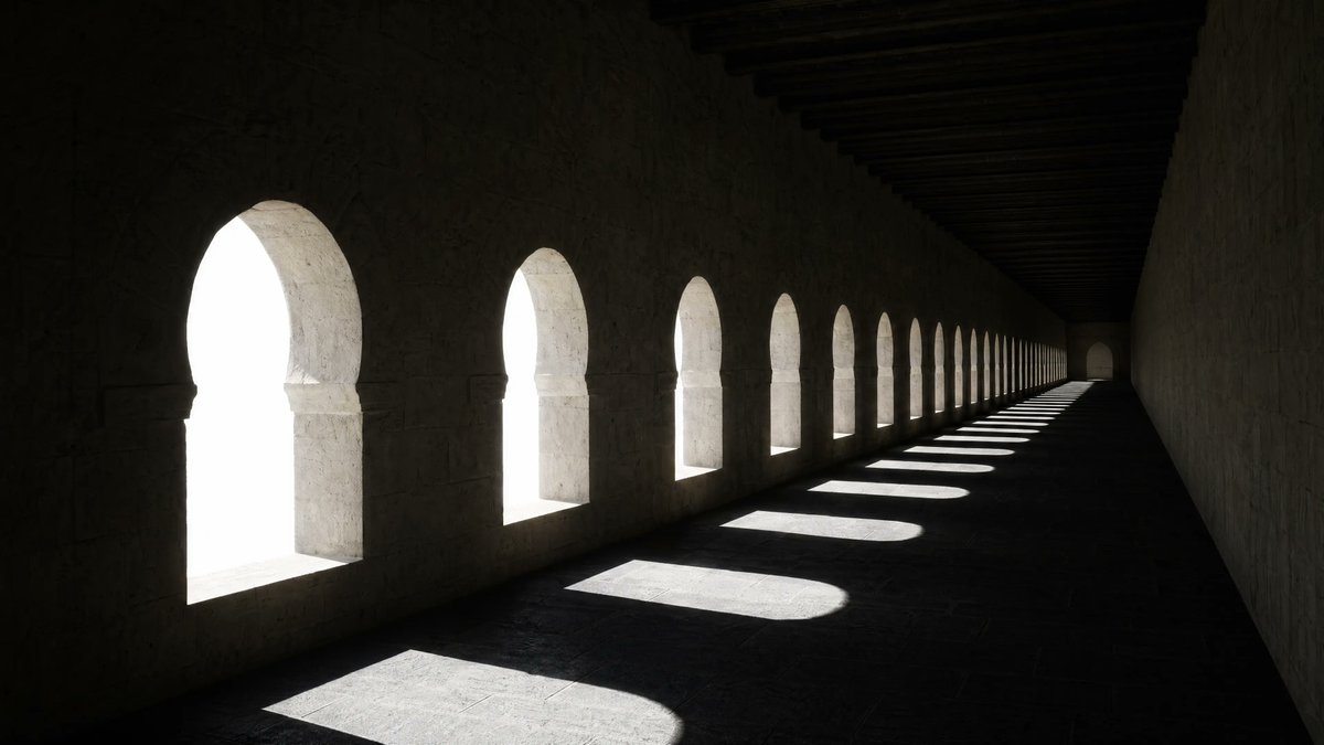 AI Prompt for Cinematic Dark Stone Hallway with Arched Windows