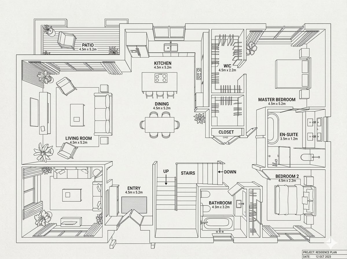 AI Prompt for Creating Clean Architectural Diagrams of Modern Home Interiors in 2D