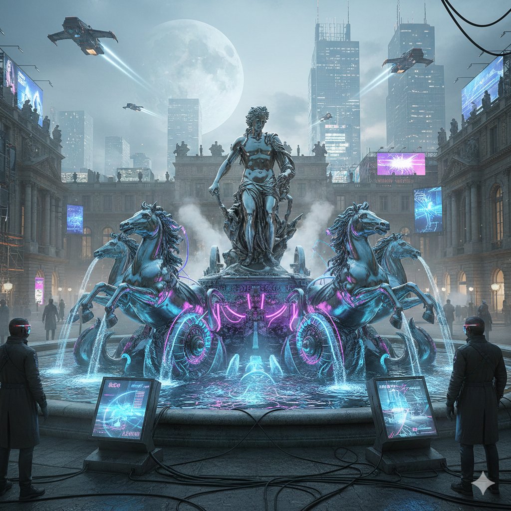 AI Prompt for Cyberpunk Apollo's Fountain Architectural Scene