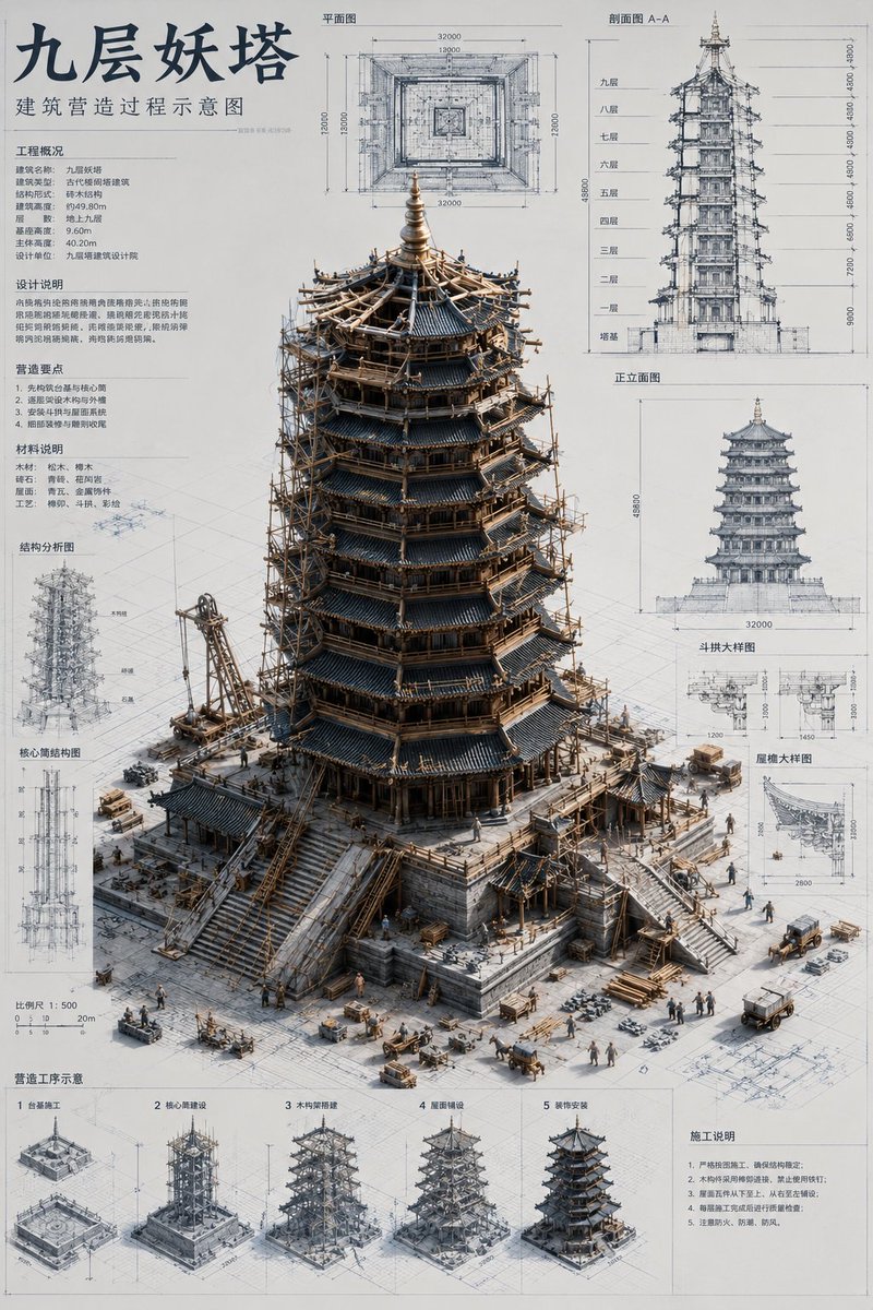 AI Prompt for Detailed Chinese Architecture Blueprints and 3D Miniatures