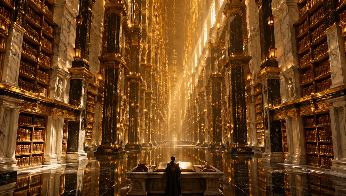 AI Prompt for Epic Symbolic Library Scenes with Golden Illumination