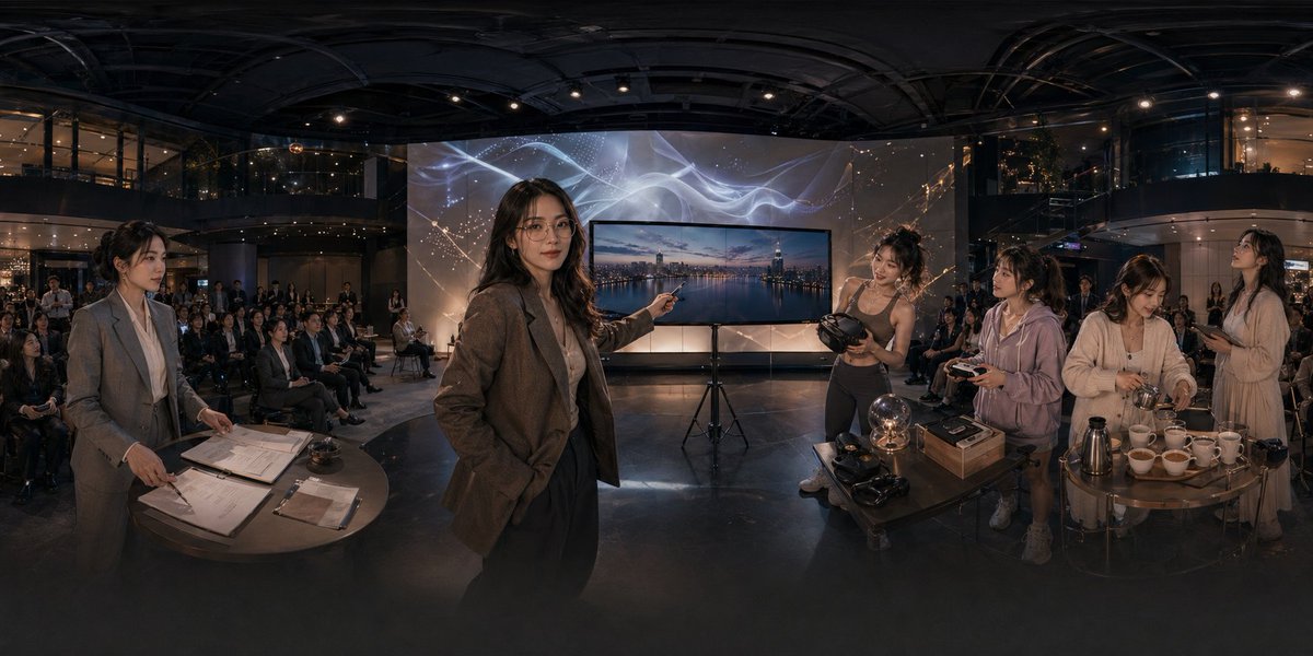 AI Prompt for Modern Corporate Atrium Scene with Ultra-Wide Tech Showcase