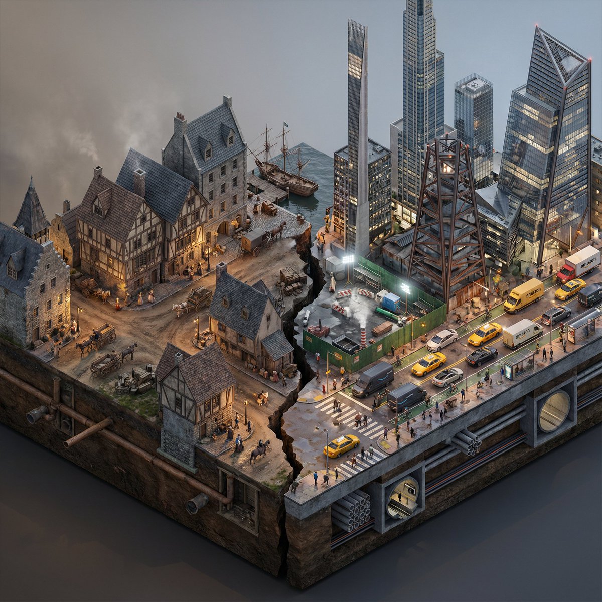 AI Prompt for Split-Era Urban Diorama Generation