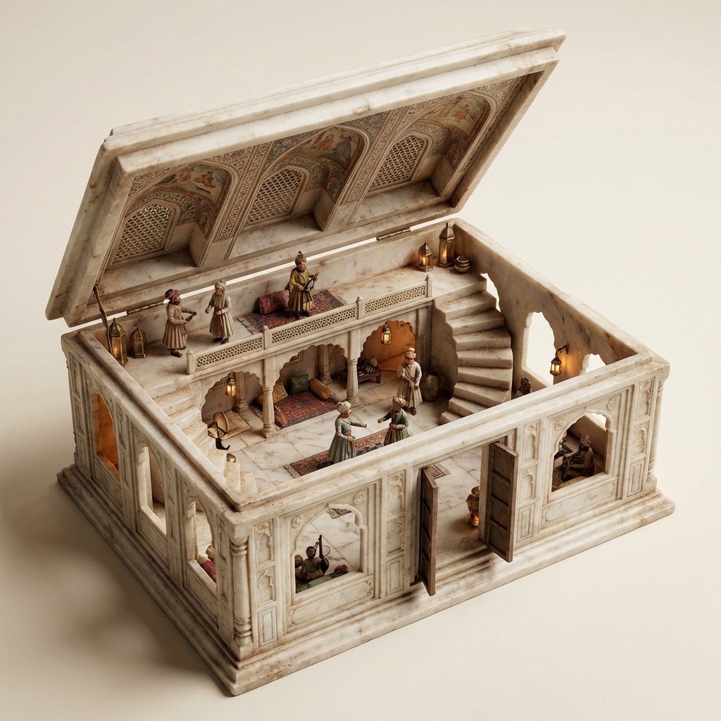 AI Prompt for Ultra-Realistic Ornate Box Diorama of Mughal Hall Interior