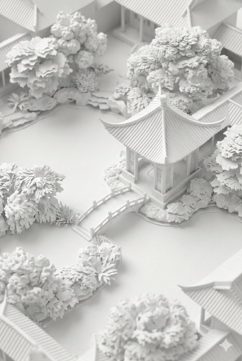 AI Prompt: Traditional Chinese Garden in Clay Render Style - Architectural Visualization