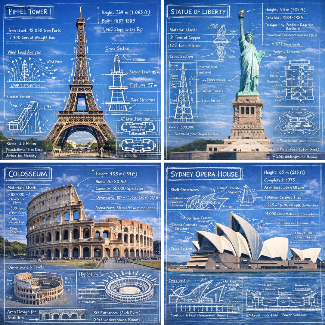 Blueprint Infographic of Famous Landmarks