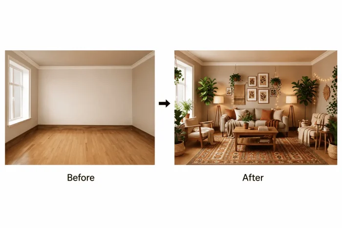 Cozy Bohemian Living Room AI Design