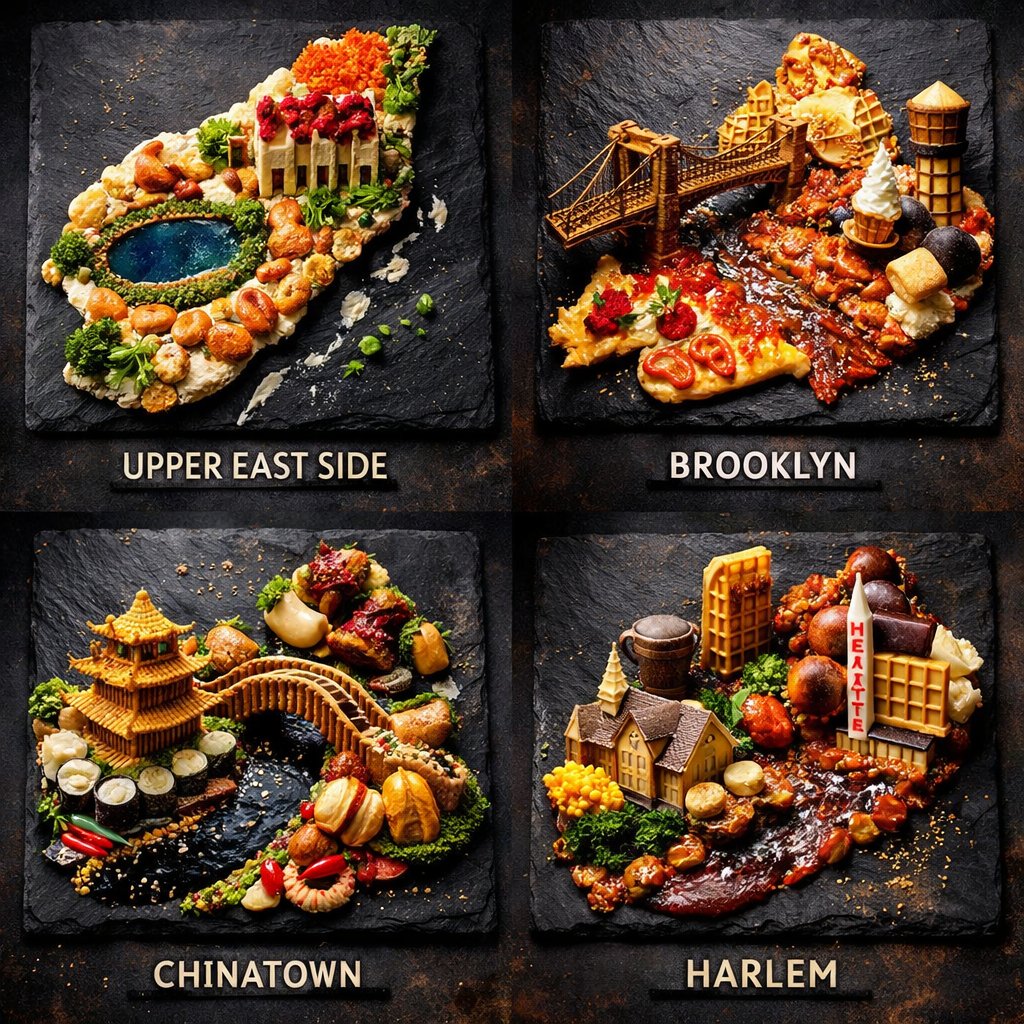AI Prompt for Extreme Food Art Grid of NY Neighborhoods