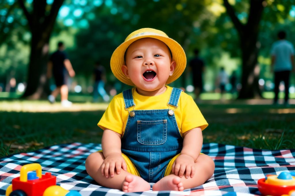 Cheerful Baby Picnic Photo with Yellow Overalls