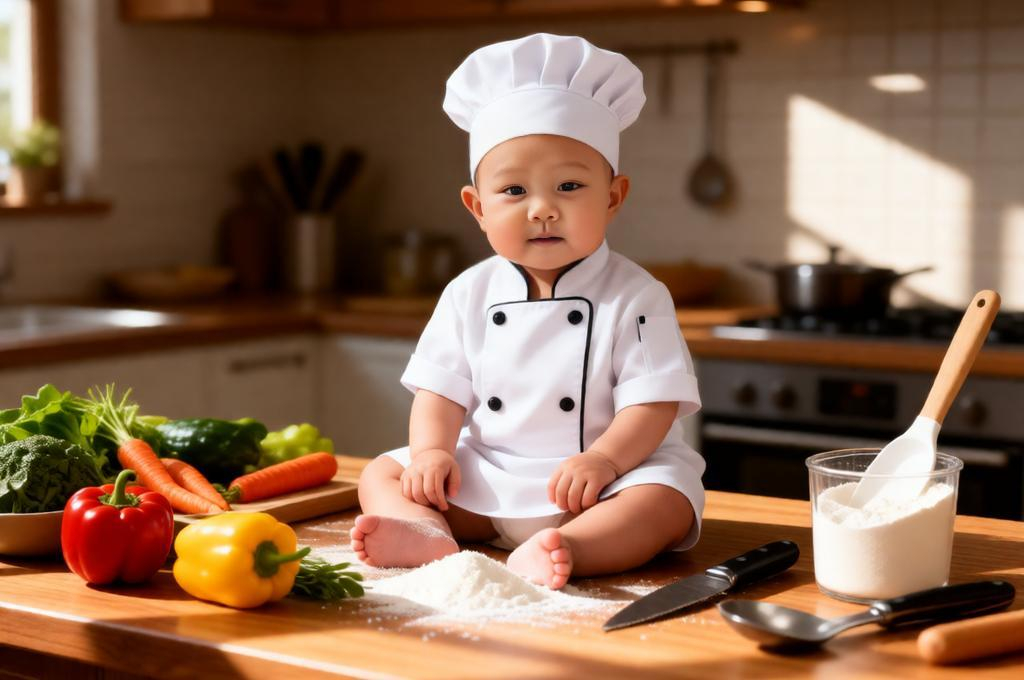 Cute Baby Chef Photoshoot Prompt – Realistic Kitchen Shot