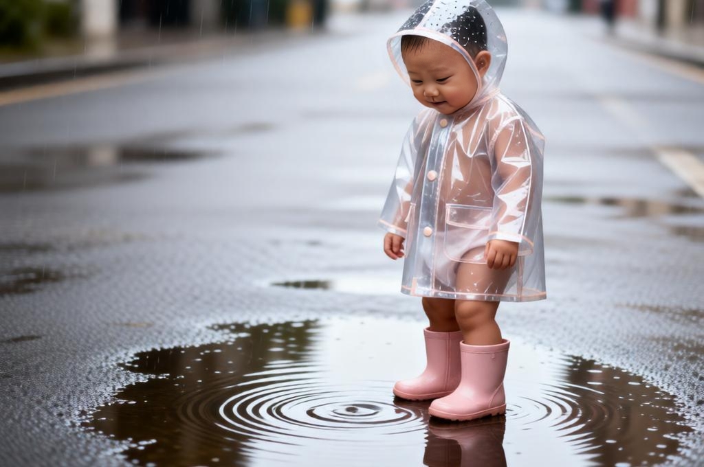 Cute Baby in Transparent Raincoat by Puddle