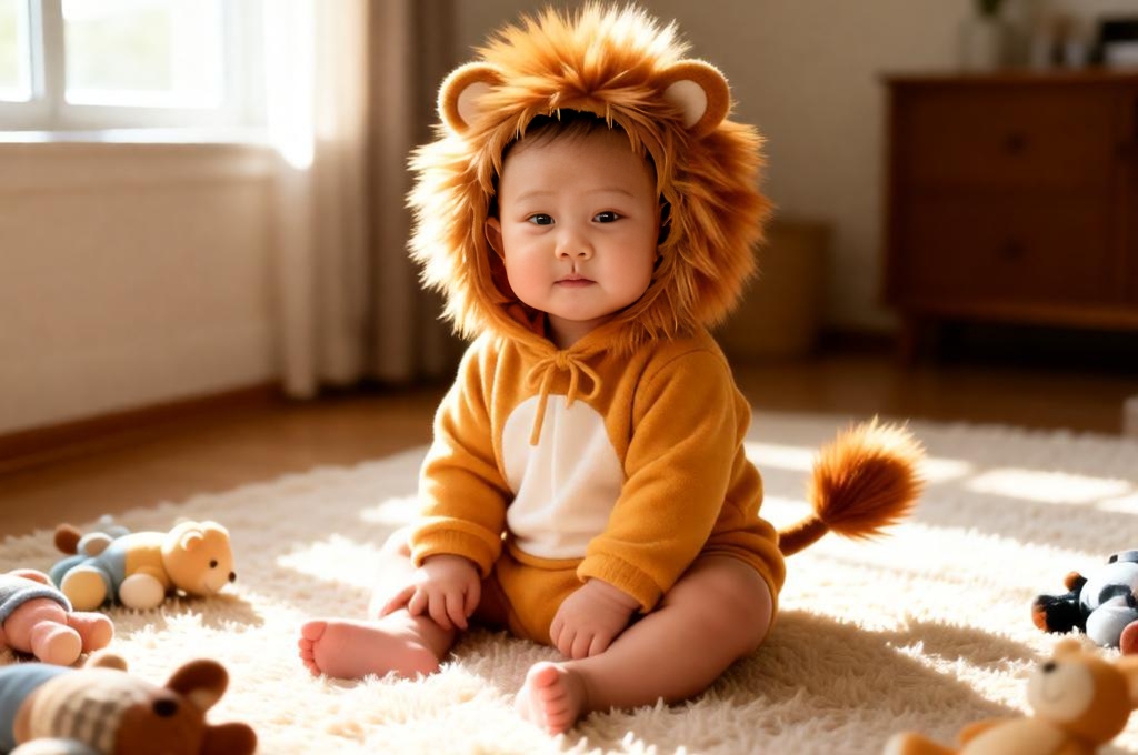 Cute Lion‑Costume Baby Portrait – Warm Home Photo