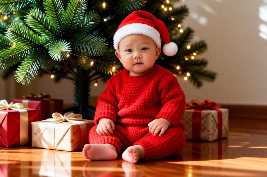 Festive Baby Portrait by Christmas Tree