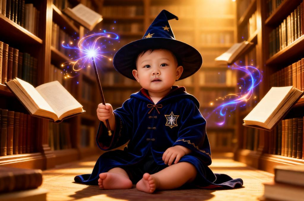 Magical Baby Wizard Portrait in Enchanted Library