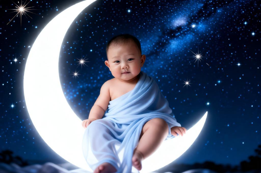 Moonlit Baby Portrait on a Glowing Crescent