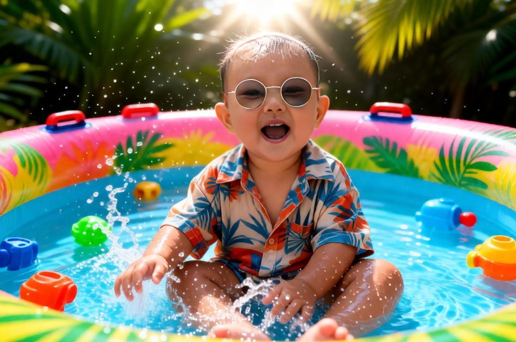 Playful Baby in Inflatable Pool with Sunglasses