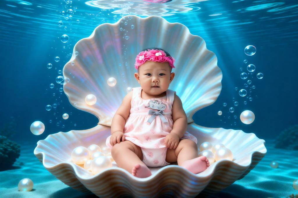 Underwater Baby in Giant Seashell with Glowing Pearls