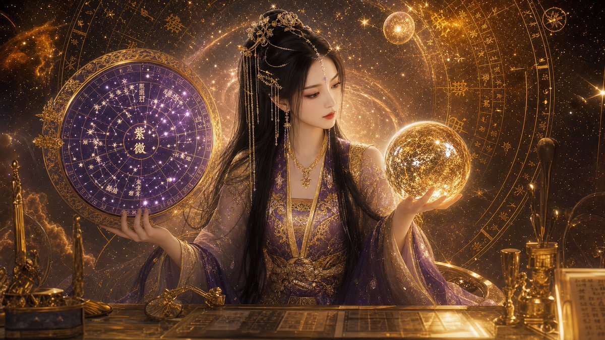 AI Prompt for Luxury Golden Fortune Teller Graphic with Oriental Hanfu and Celestial Effects
