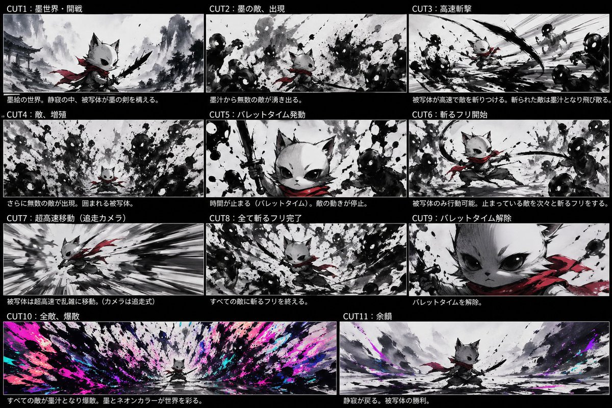 AI Prompt for Sumi-e Inspired Anime Character Storyboard with Neon Ink Monsters