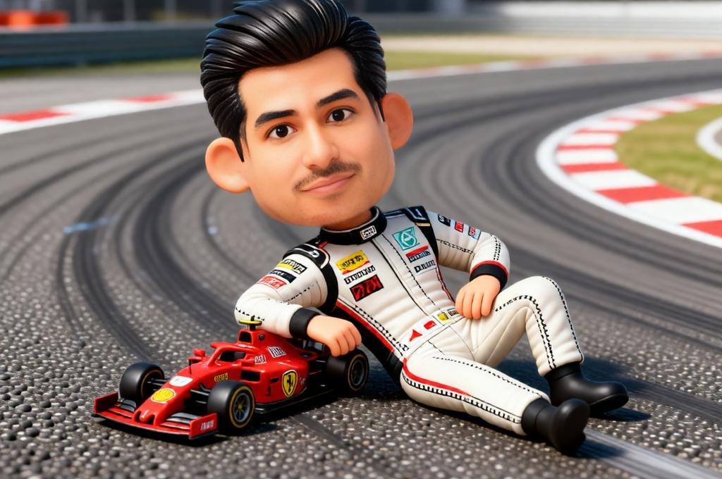 3D Caricature Racer with Giant Head & Tiny Ferrari