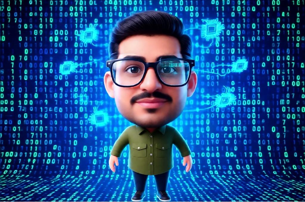3D Tech Whiz Caricature with Neon Binary Background