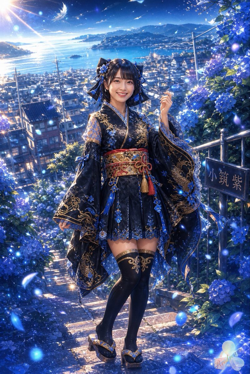 AI Prompt: Anime Fantasy Kimono Portrait in Hydrangea Landscape at Twilight