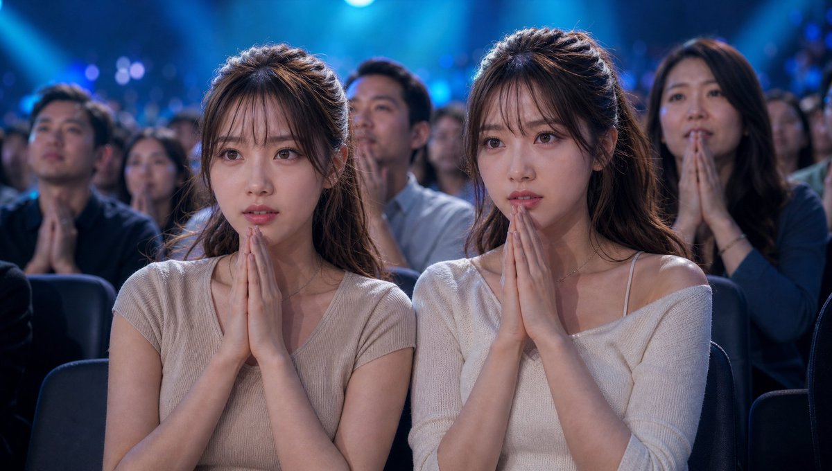 AI Prompt: Cinematic Quiz Show Audience, Realistic TV Studio Twins