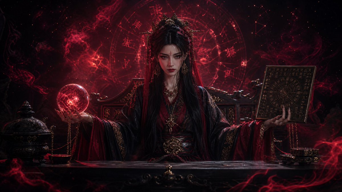 AI Prompt: Dark Fantasy Oriental Fortune Teller Portrait with Red and Black Atmosphere