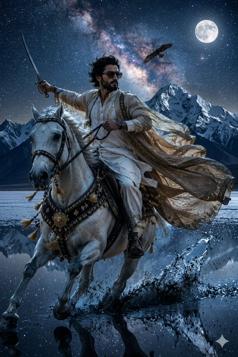 AI Prompt: Epic Fantasy Scene with Warrior on White Horse - Cinematic Starry Night Sky