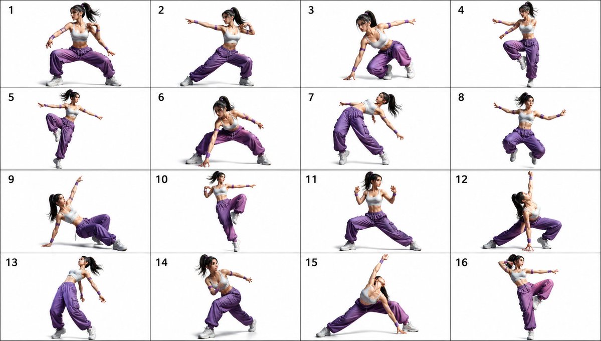 AI Prompt for 16-Pose Dance Combat Reference Sheet with Athletic Female Dancer