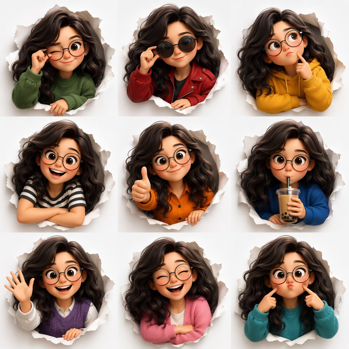 AI Prompt for 3D Animated Character Expression Grids with Torn Paper Effect