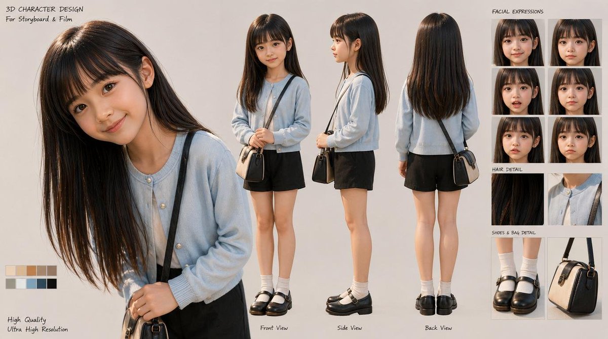 AI Prompt for 3D Character Design: Young Schoolgirl Turnaround Sheet