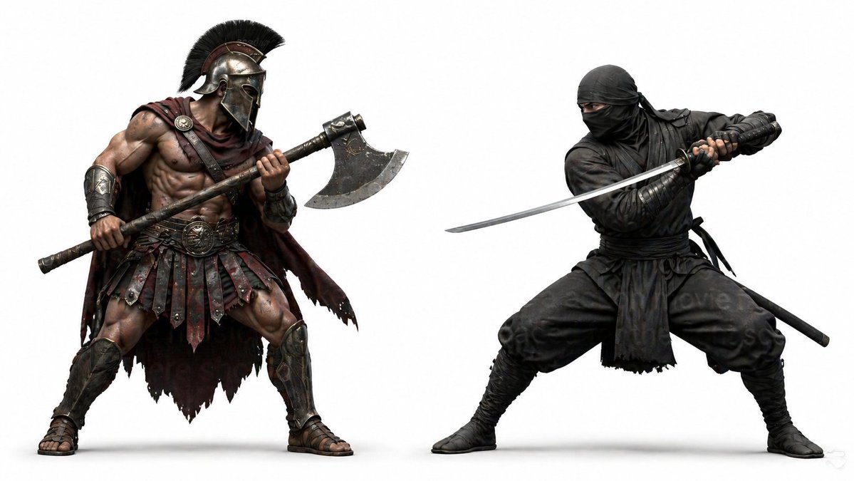 AI Prompt for 3D Gaming Characters: Minimalist Spartacus and Ninja Battle Scene
