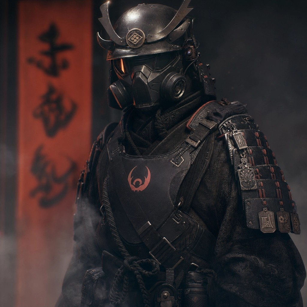 AI Prompt for a Cyberpunk Samurai Portrait with Gas Mask