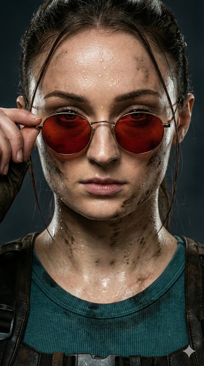 AI Prompt for a Detailed Close-up of Sophie Turner as Lara Croft for AI Image Generation