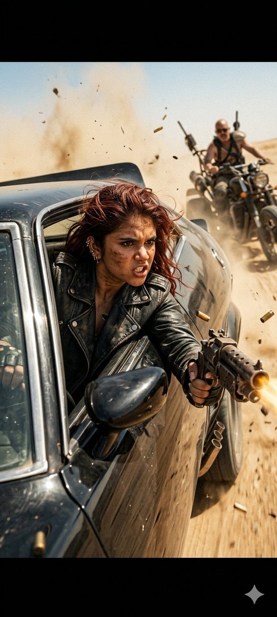AI Prompt for Action-Packed Film Still: Female Protagonist in Wasteland Chase