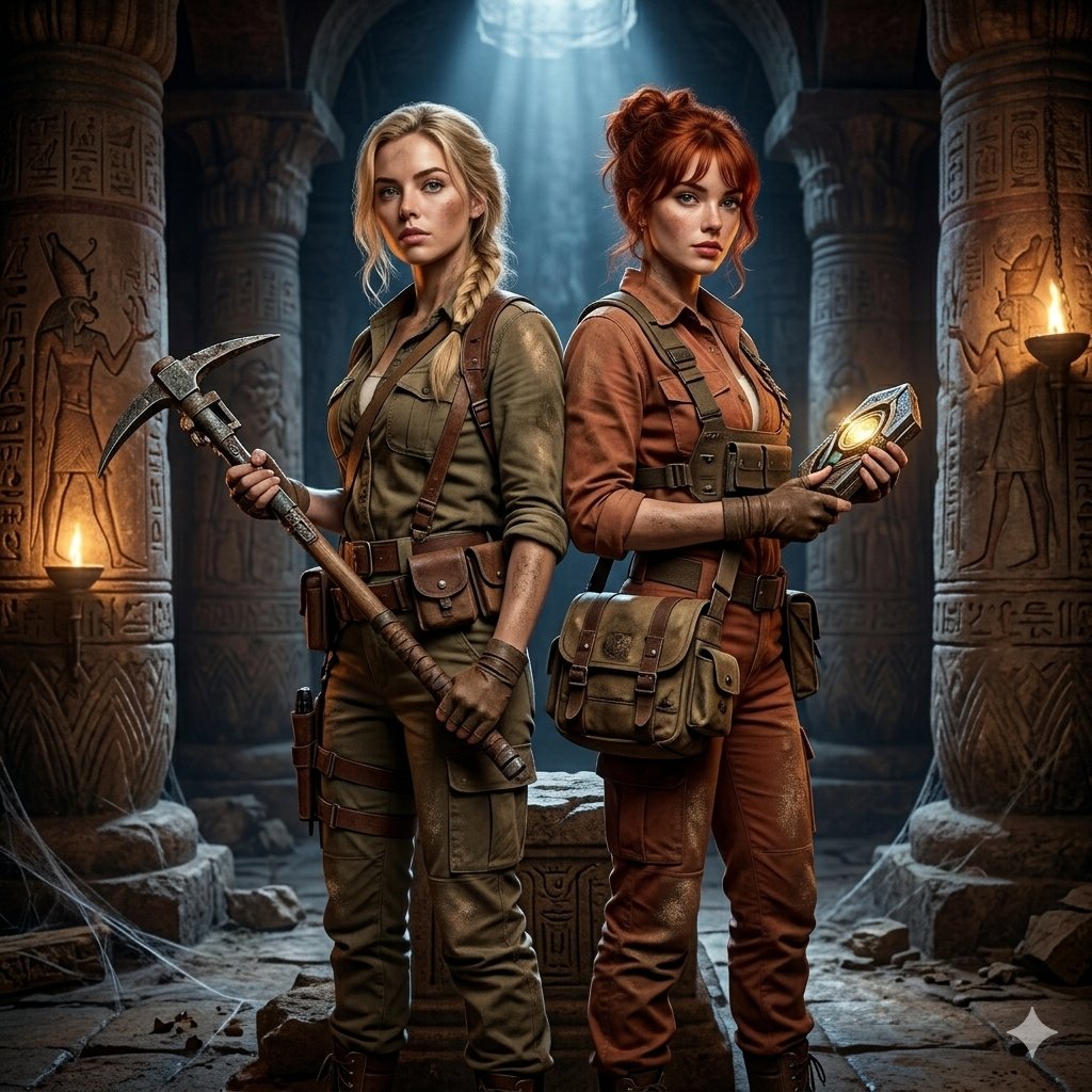 AI Prompt for Ancient Egyptian Tomb Adventure Scene with Female Adventurers