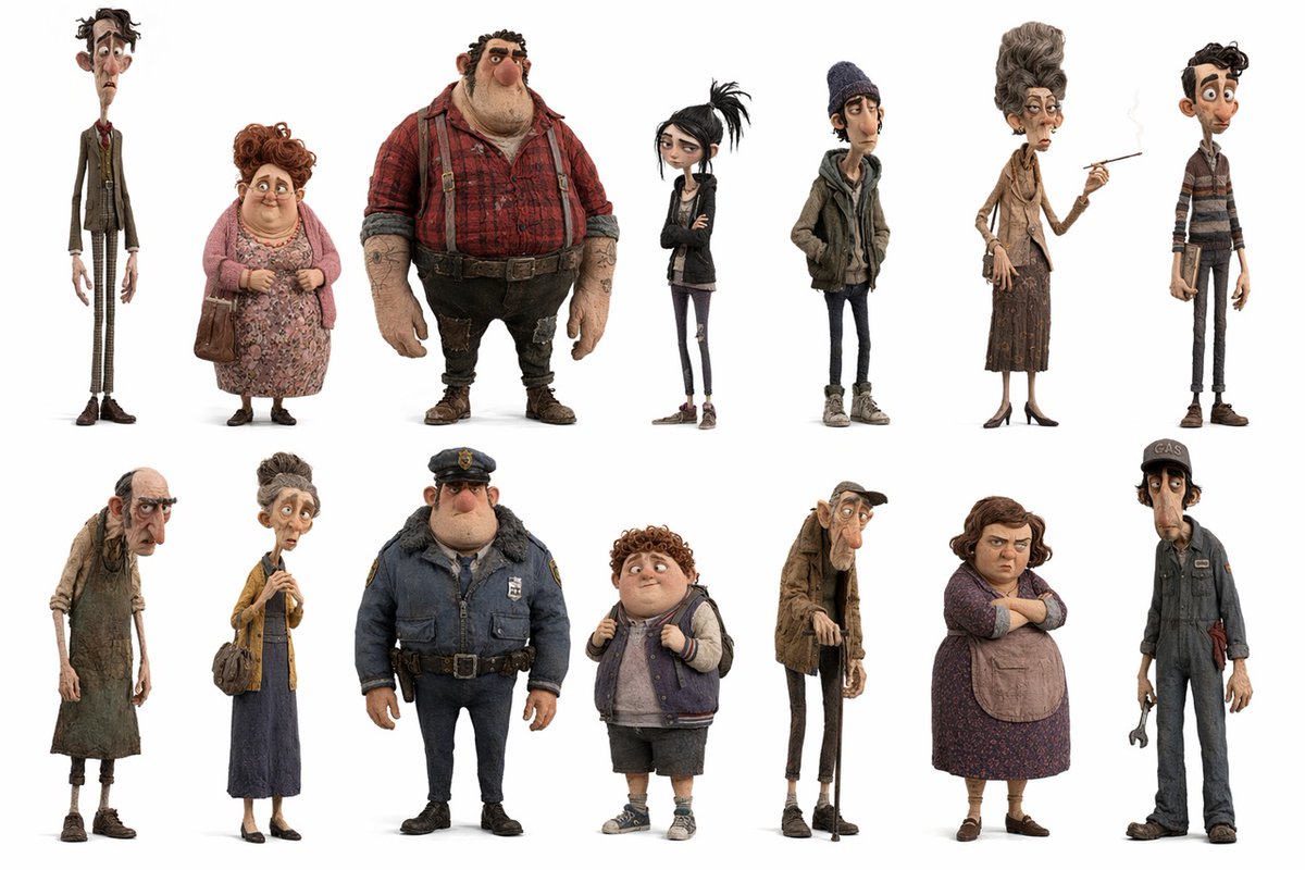 AI Prompt for Animated Character Lineup with Stop-Motion Inspiration