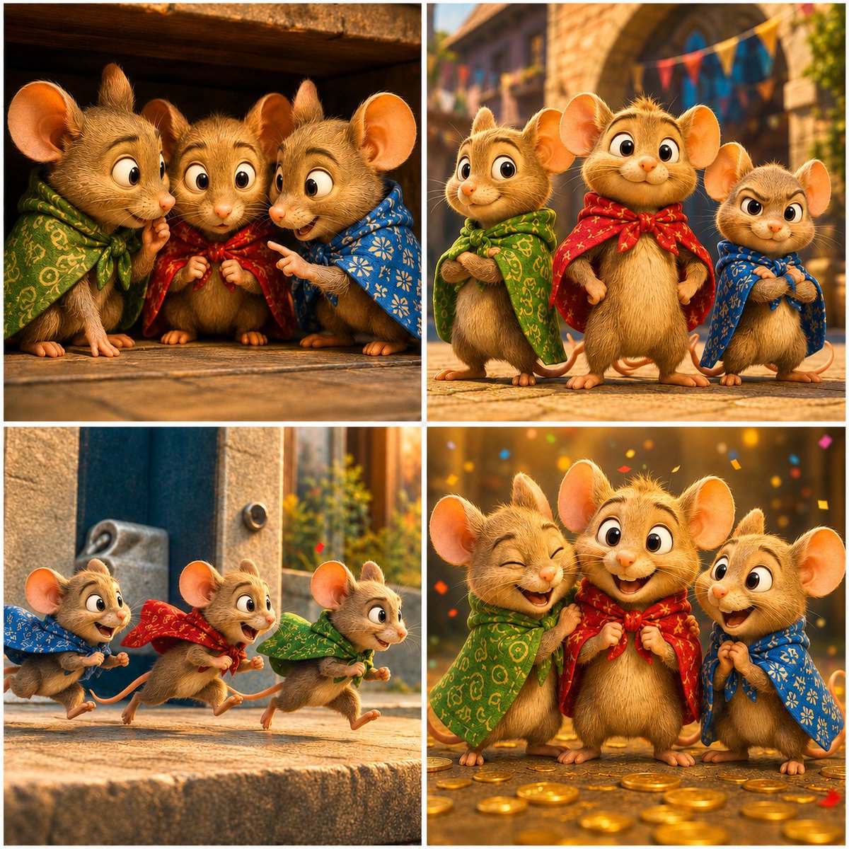 AI Prompt for Animated Storyboard: Three Mice in a Fantasy Bank World